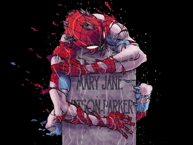 Fotomural Spiderman Agarrandose A La Tumba De Mary Jane Parker personajes