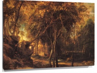 Lienzo A Forest at Dawn with Deer Hunt